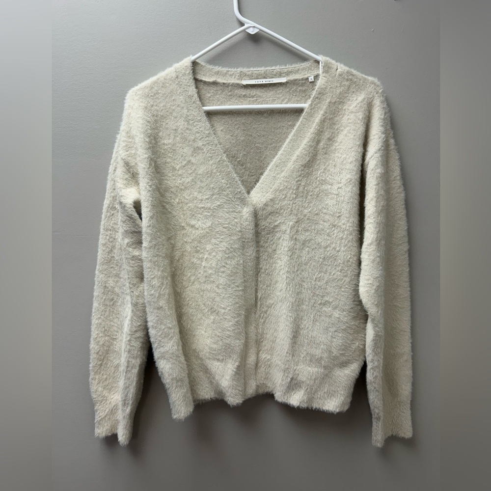 Ya Ya‎ Women Beige Fluffy V Neck Button Up Cardigan